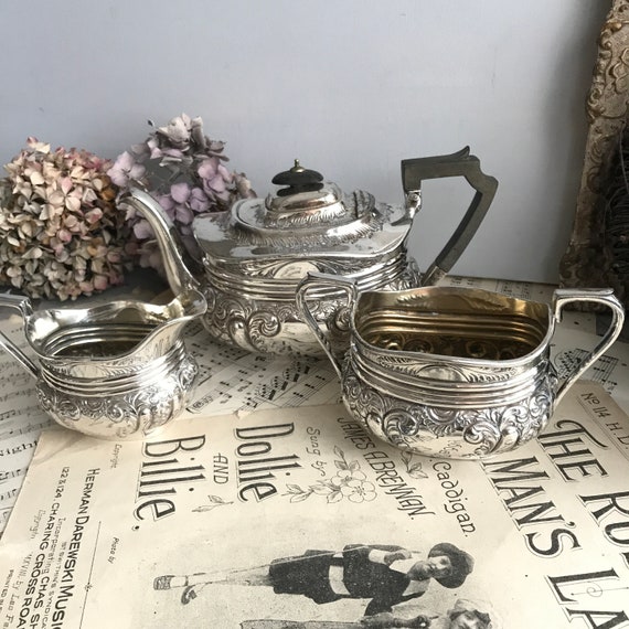 Antique 3 Piece Silver Plated Tea Set. Tea Pot. Sugar Bowl. Milk