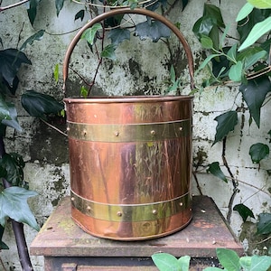 May include: A copper planter with a brass rim and handle. The planter has a hammered finish and is sitting on a rustic surface.