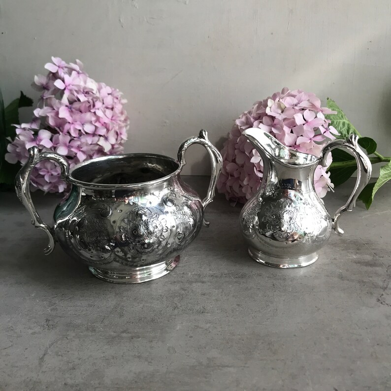 Vintage Silver Plated Sugar Bowl and Creamer. Large Ornate Etsy