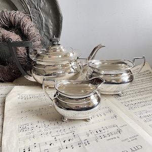 Tea Set 3 piece silver plated - Martin Hall & Co Teapot - Sugar Bowl - Milk Jug - Downton Abbey - Shabby Chic