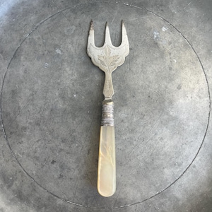 Small Serving Fork, Silver Plate, Mother of Pearl, Bread Fork, Meat Fork, Floral Flatware, Bright Cut, Nibbles Fork, Unique