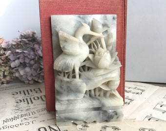 Vintage Hand Carved Bookends - Lotus flower and Stork - Home Decor - Film Photo Prop - Shabby Chic