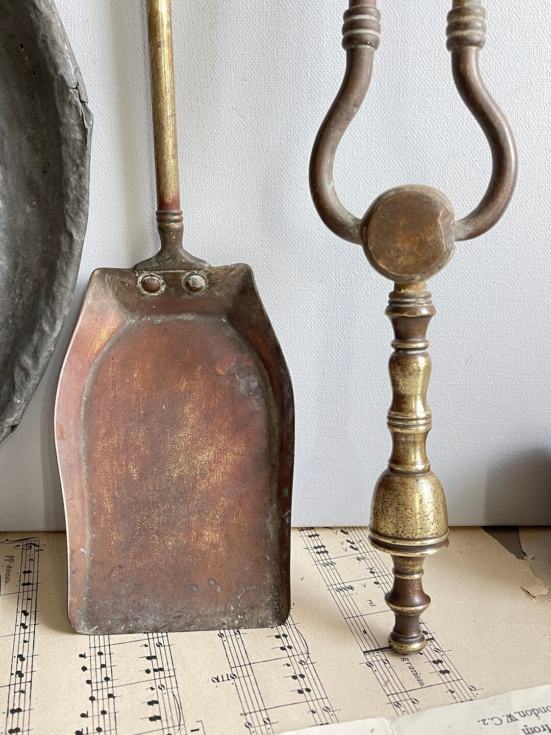 Antique Brass Tongs and Shovel, Fireplace Tools Set, Fire Accessories