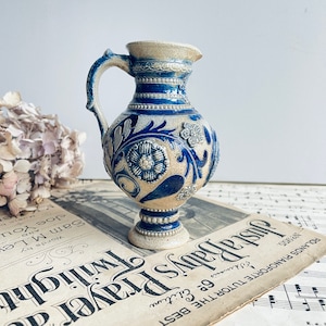 Westerwald Salt Glazed Stoneware Jug. Cobalt Blue Ewer. Relief Decor. Falgon