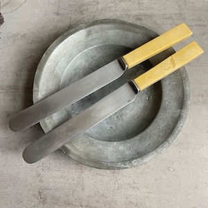 May include: Two stainless steel spreaders with cream-colored handles rest on a pewter plate. The blades are long and rectangular, with text etched near the handle. The handles are a light cream color.