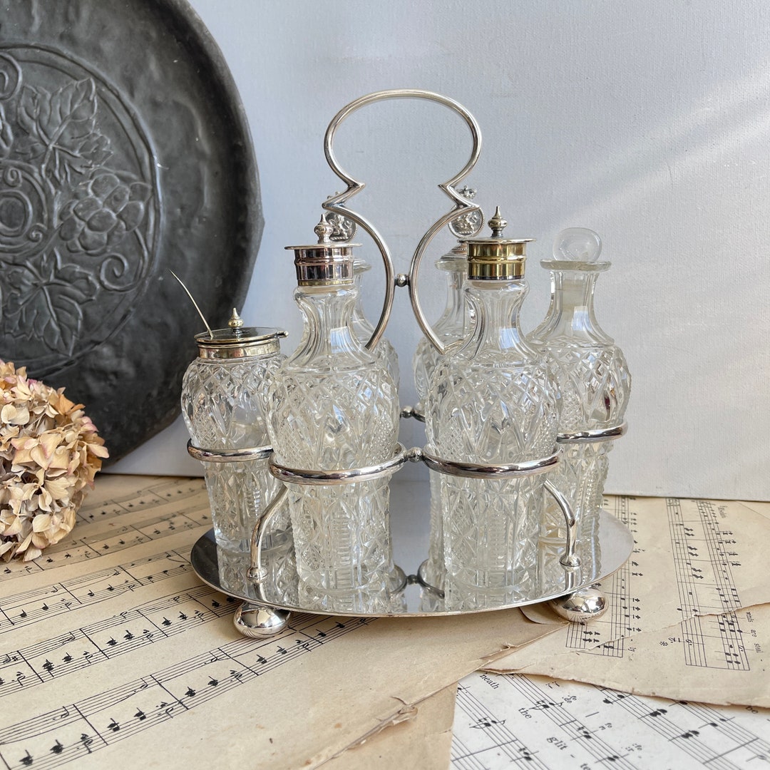 Victorian Silver Plated Cruet Set. 6 Bottle Set. Oil Vinegar Salt