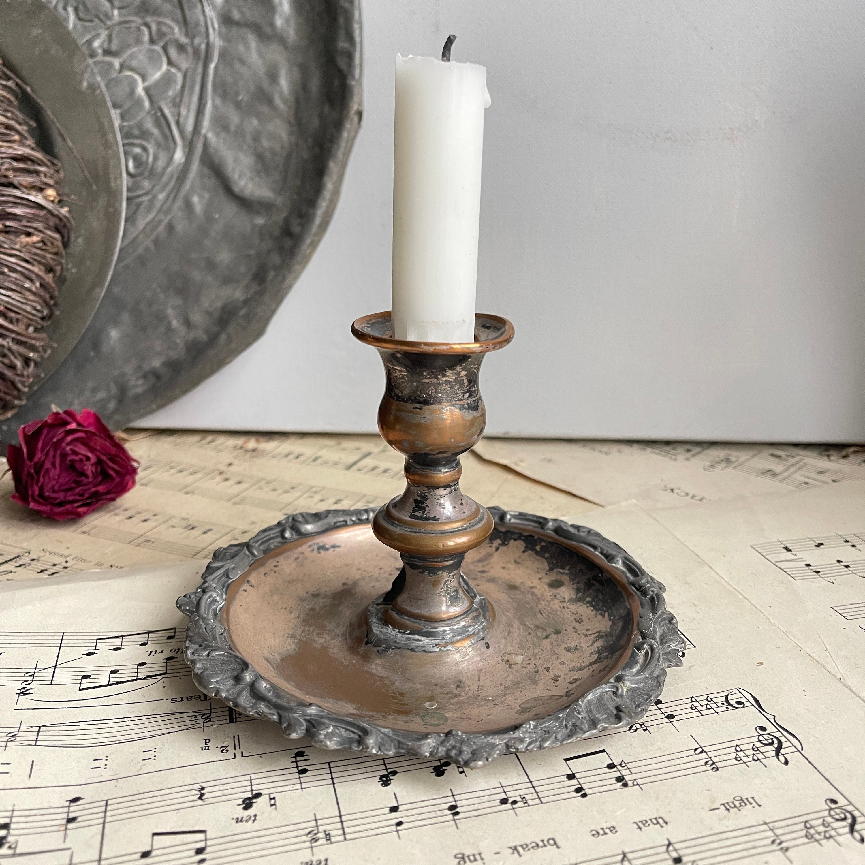 Antique Chamberstick Candlestick, Vintage Candle Holder With