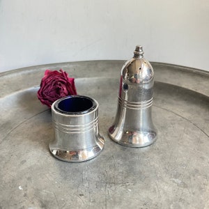 Puede incluir: Un juego de salero y pimentero plateado. El salero tiene forma de campana con la parte superior perforada. El pimentero es una pequeña taza cilíndrica con el interior azul oscuro. Una rosa roja seca está al lado del juego.