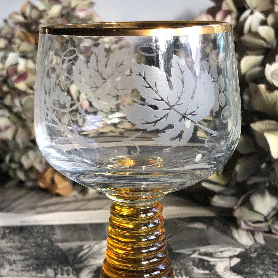 Vintage Amber Stem Glass With Etched Vine Glasses Etsy Sweden