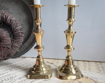 Antique brass candlestick - Vintage Brass Candle Holders - Pair of candlesticks with candle pushers - Photography Prop - Brass Candleholders