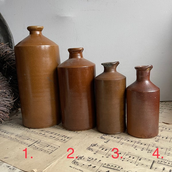 Antique Lovatt's brown stoneware ink bottles. Saltglaze vase. Vintage Farmhouse Kitchen. Home Decor. Photography Prop