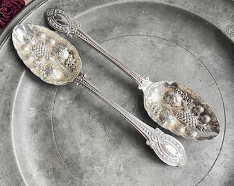 Antique Pair of Serving Spoons, Large Berry Spoons, Silver Plate, Embossed Bowls, Raised Fruit Pattern, Decorative