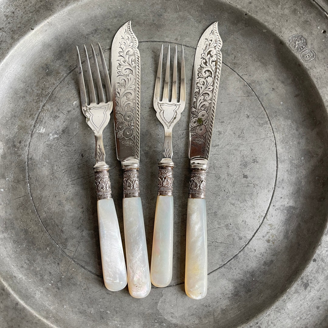 Antique Pearl Handled Flatware, Mother of Pearl Handle Cutlery, Silver