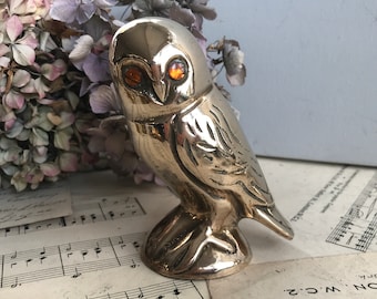 Vintage Brass Owl Figurine with orange eyes. Wise Owl Sculpture. Animal Paperweight. Solid Brass. Desk Decor. Home Decor. Photo Prop