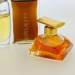 May include: Three bottles of perfume. The bottle on the left is clear glass with a gold cap and the text "Est&eacute;e Lauder pleasures" printed on the label. The bottle in the centre is clear glass with a gold cap and the text "ESTEE LAUDER" printed on the label. The bottle on the right is clear glass with a gold cap and a gold top. The bottle is filled with a light amber liquid.