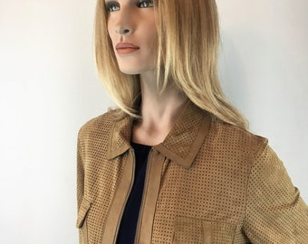 Vintage BONITA mockajacka – Beige läderkavaj – Damstorlek 40 (M) – Äkta mocka – 80-90-talsstil – Klassisk höstjacka