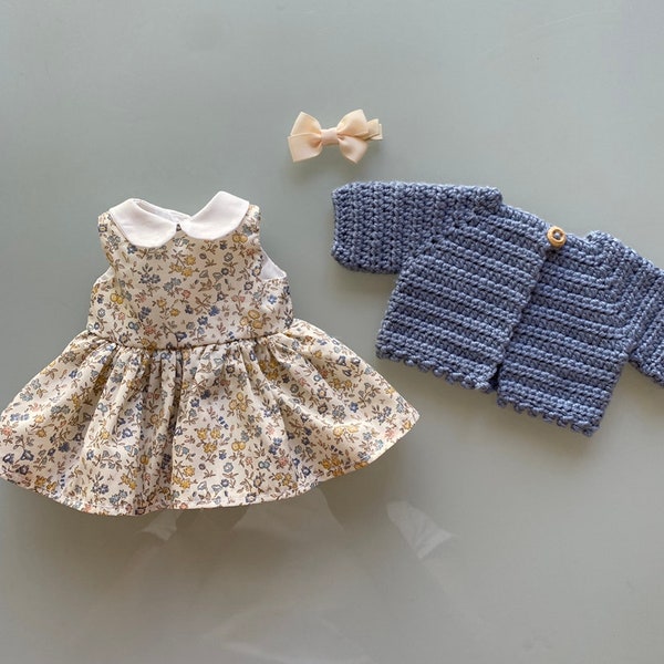 34cm Minikane, 38cm Miniland, 34cm Paola Reina, Mini Colletto, Liberty of London dress, cardigan and hair bow set.  Three piece set