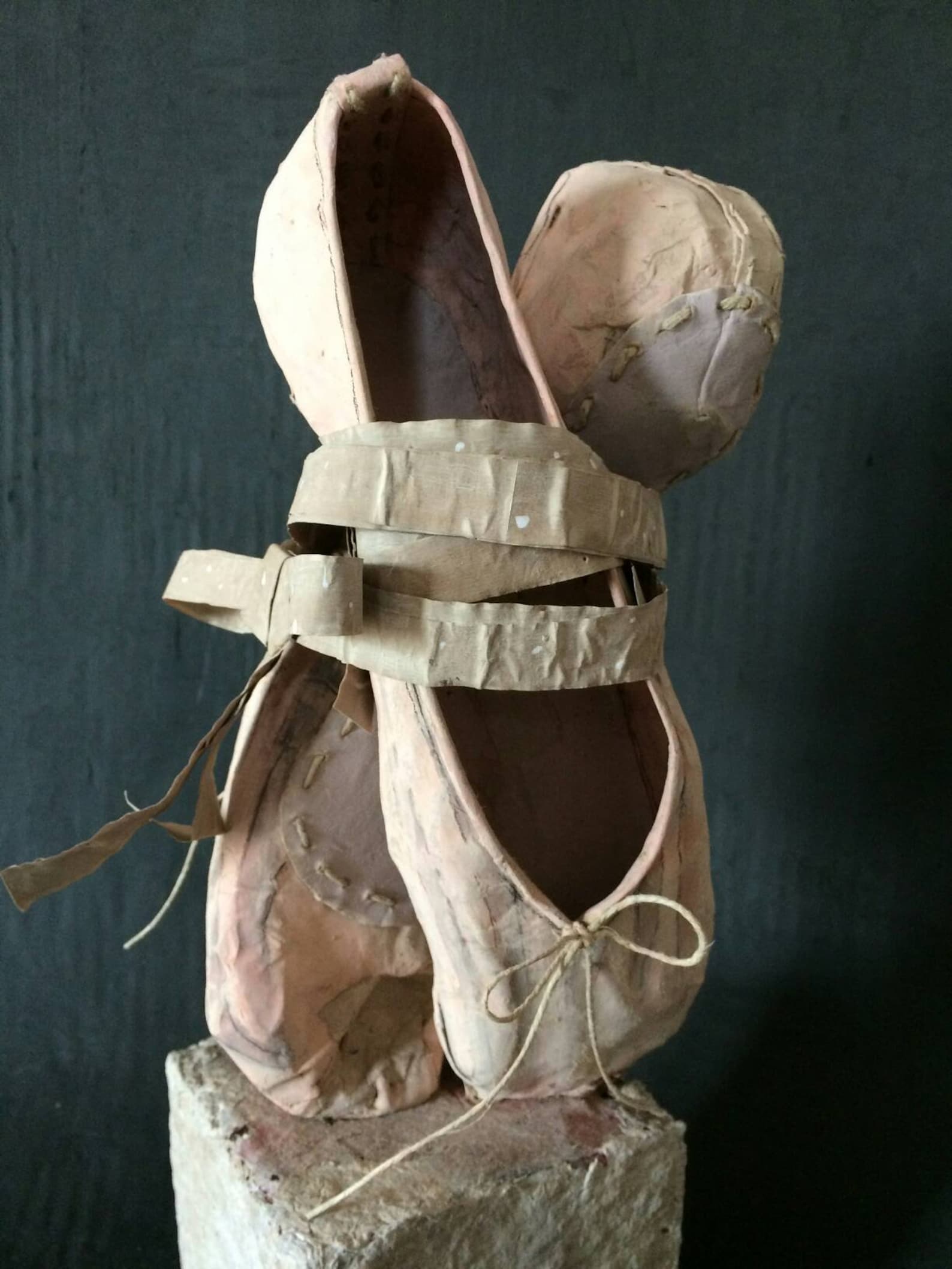 dance with me - handmade ballet shoes made of recycled paper clay and paper mache as an art object sculpture