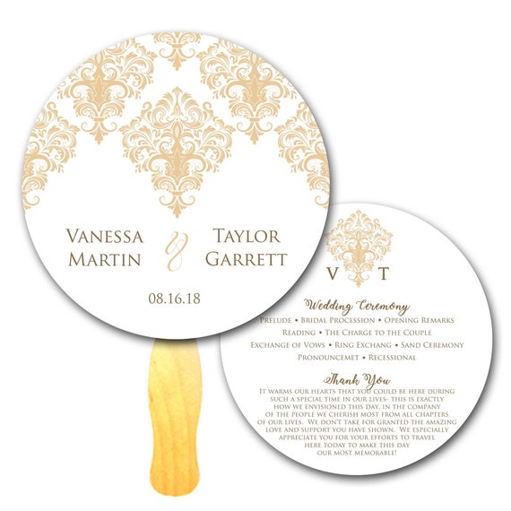 Circle Damask Programs, Custom Ceremony Hand Fans, Gold Monogram Printed Wedding Paper Signs Il_570xn