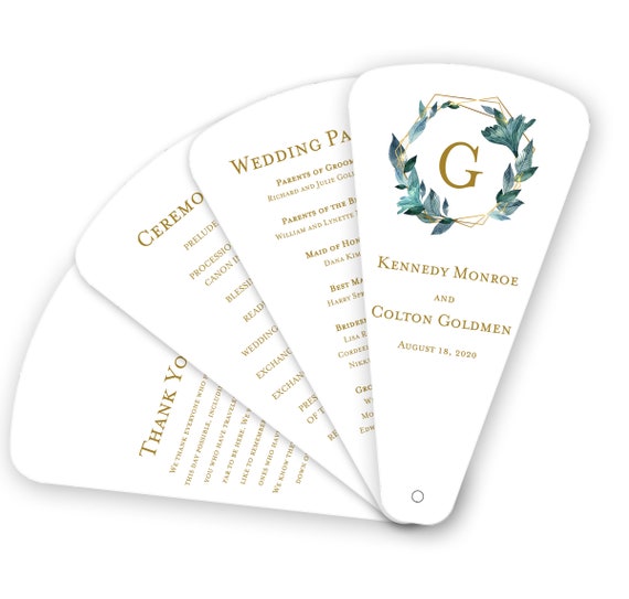 Green Wreath Sign, Pentagon Shape, 4 Blades Wedding Programs, Ceremony Decoration, Collapsible frame, Fold Fan Il_570xn