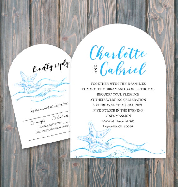 Arched Invitation Suite, Nautical Theme Wedding, Blue Starfish Waves, Custom Card and Envelope, Printed on Cardstock Il_570xn