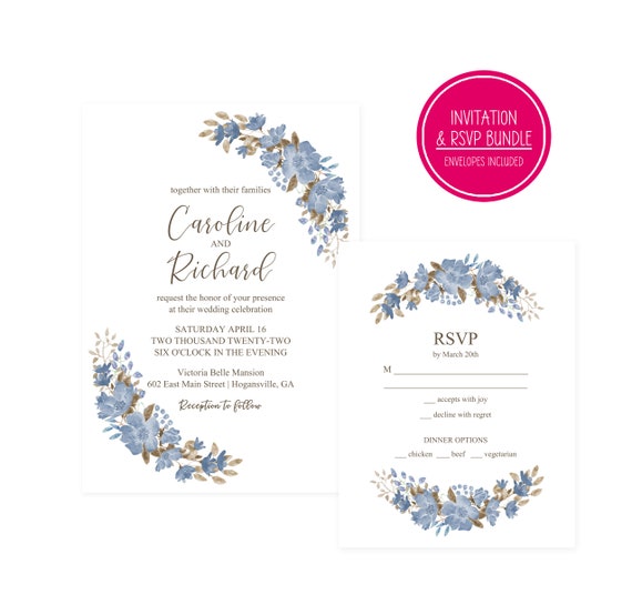 Blue Floral Invitations and Envelopes, Greenery Wedding Invitation, Printed Cards, 5 x 7 inches, Wedding Bundle Il_570xn