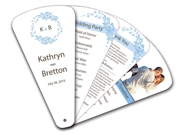 Blue Circle Monogram, Folding Ceremony Program Fans, 4 Leaflet Propeller, Wedding Petal Party Favor Ventilator Il_570xn