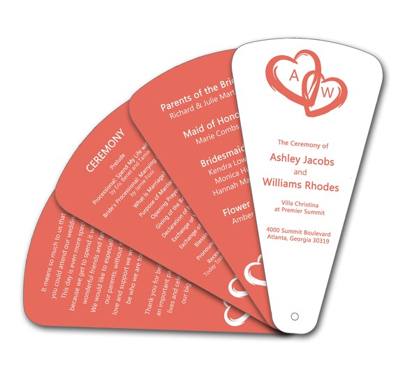 Interlocking Hearts, 4 Blade Wedding Program Hand Fan, for Modern Wedding Ceremony, Full Color Petal Leaflets Il_570xn