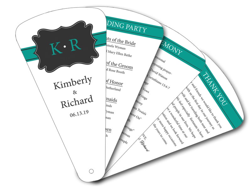 20 Signs Teal and Black Monogram Paper Petal Leaflet Hand Program Fan