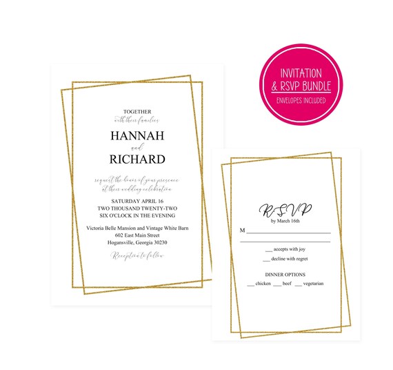 Party Invitation Cards and Envelopes, Gold Frame Design, Printable Wedding Set, 5 x 7 inches, Customized Paper Favors Il_570xn