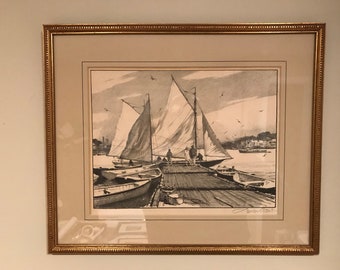 Lithograph Maritime Watercolor Gordan Grant Marine Deep Creek Shabby Decor Picture Docks Fishing Retro Boat