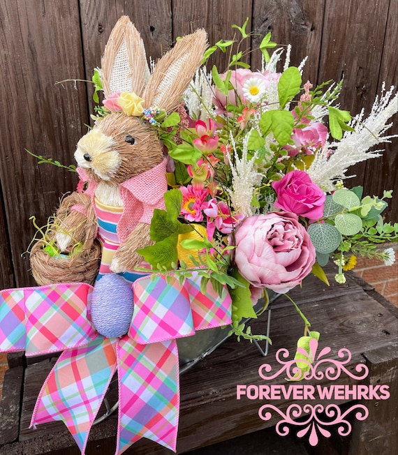 Easter Bunny Centerpiece, Easter Home Decor, Wheel Barrow