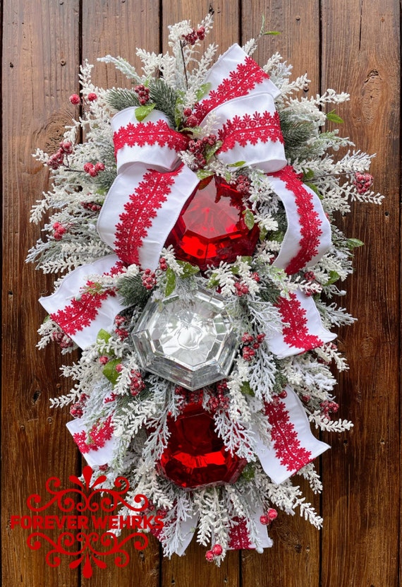 Elegant Jewel Swag, XL Christmas Jewel Wreath, Red White Home