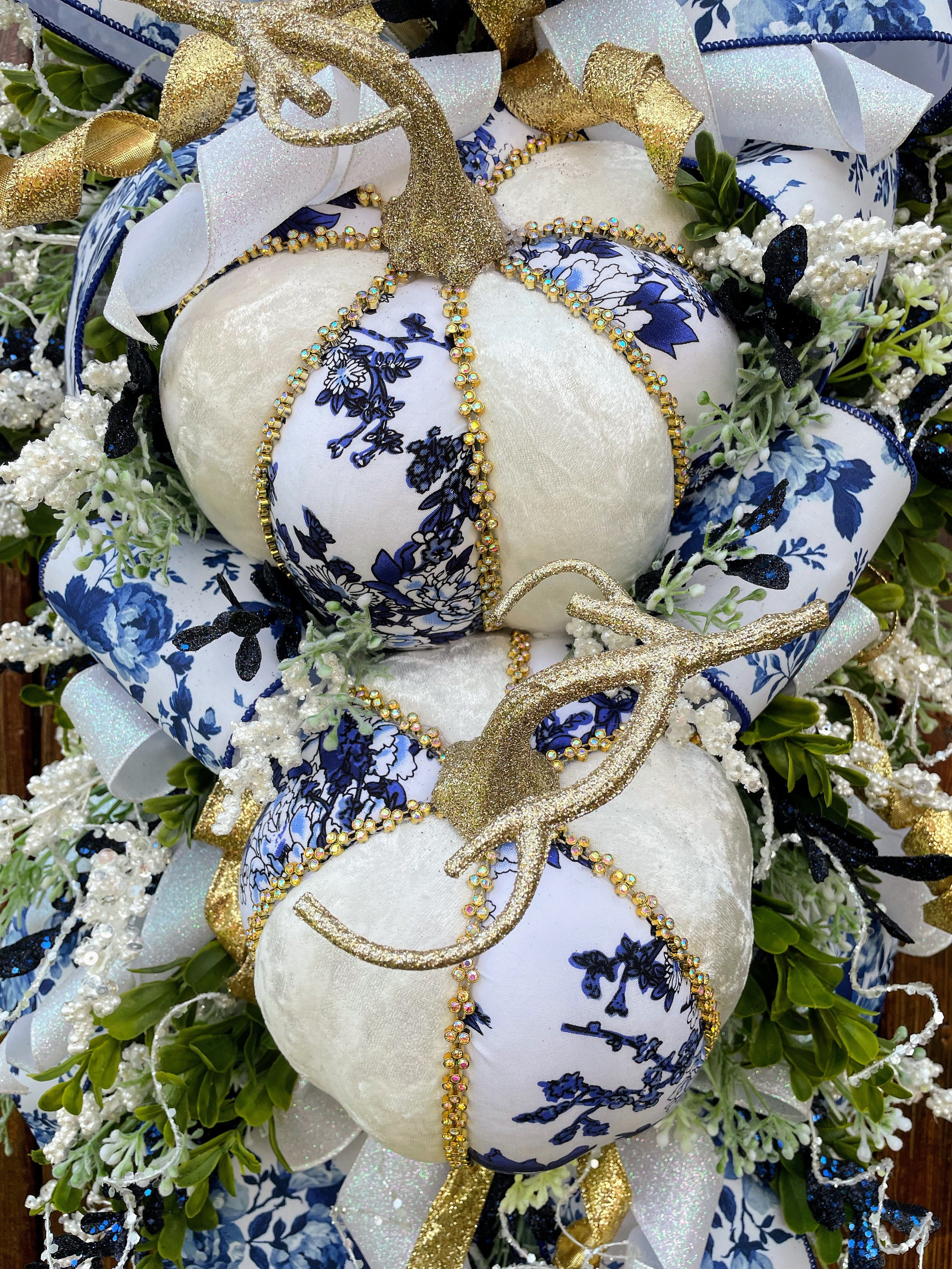 Elegant Pumpkin Swag, XL Fall Elegant Wreath, Pumpkin Door Wreath, Blue ...