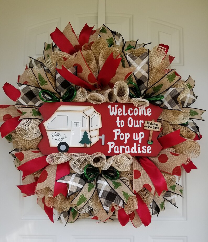 Camper Wreath Pop Up Paradise Camp Trailer Decor Welcome Front Door Hanger Red Green And Natural Custom All Year Round Summer Decor
