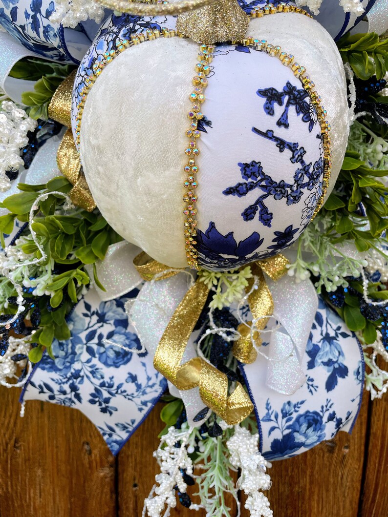 Elegant Pumpkin Swag, XL Fall Elegant Wreath, Pumpkin Door Wreath, Blue ...