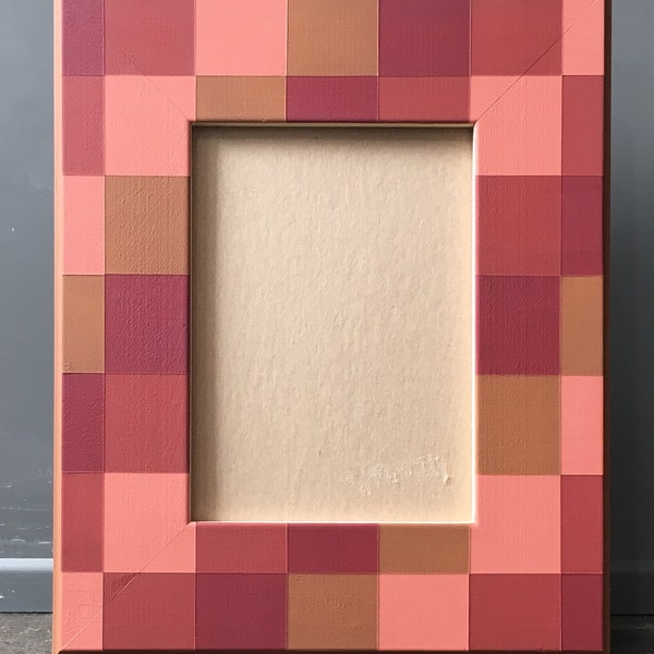Pink & Brown Hand-Painted Checkered Wooden Picture Frame, Housewarming Gift for Couple, Meaningful Birthday Gift, 5x7 Rustic Decor