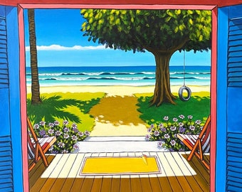 Beach House Painting, Original Painting THE BLUE DOORS, Coastal Artwork, Seascape Painting, Holiday Home Artwork, Contemporary Acrylic Art