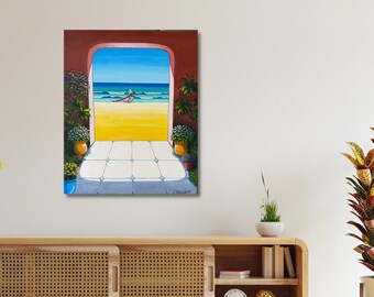 Pelican Lover Artwork,  Original Art THE ARCHWAY Acrylic on Canvas, Ready to Hang, Europe Painting, Beach Painting, Painting for Living Room
