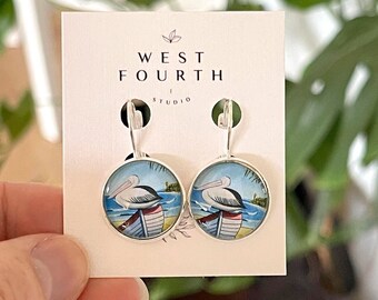 Pelican Earrings, Pelican Print, Coast Art Prints,  Bird Lover Earrings, Wearable Art, Fun Earrings, Beach Art Jewellery, Coastal Earrings