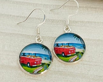 Camper Gifts, Red Kombi Earrings, Wearable Art, Art Lovers Earrings, Van Earrings, Camper Accessories, Granddaughter Gifts, Earrings for Fun