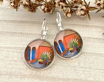 Funky Art Earrings, Travel Gift, Art Jewellery, Courtyard Print Wearable Art, Art Earrings, Painting Earrings, Art Lover Earrings, Leverback