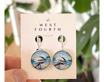 Pelican Earrings, Pelican Print,  Coast Art Prints,  Bird Lover Earrings, Wearable Art, Fun Earrings, Beach Art Jewellery, Coastal Earrings
