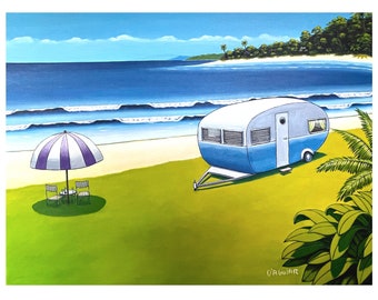 Camper Van Lover of Art,  Original Art THE BLUE CARAVAN Acrylic on Canvas, Ready to Hang, Seaside Painting, Holiday House Art, Caravan Lover