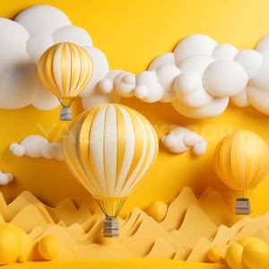 1st Birthday Hot Air Balloons Yellow Clouds Cake Smash Photography Printed Backdrop For Photographers Studio