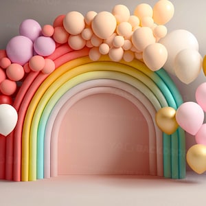 Rainbow Backdrop Balloon Arch Birthday Toddler Newborn Maternity Background Photoshop Studio, Digital File, High Resolution JPEG