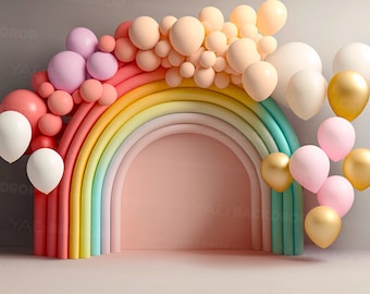 Rainbow Backdrop Balloon Arch Birthday Toddler Newborn Maternity Background Photoshop Studio, Digital File, High Resolution JPEG
