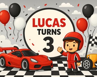 Race Car Driver Birthday Backdrop Red Black White Theme Made to Order Custom Name Age, Digital File, High Resolution JPEG