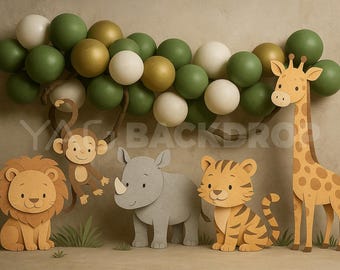 Jungle Birthday Backdrop Papercut Animals Green Gold Balloons Safari Theme Digital File High Resolution JPEG