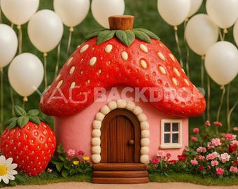 Strawberry House, Balloons, Flowers, Kids Wonderland Photography Backdrop, Digital File, High Resolution JPEG